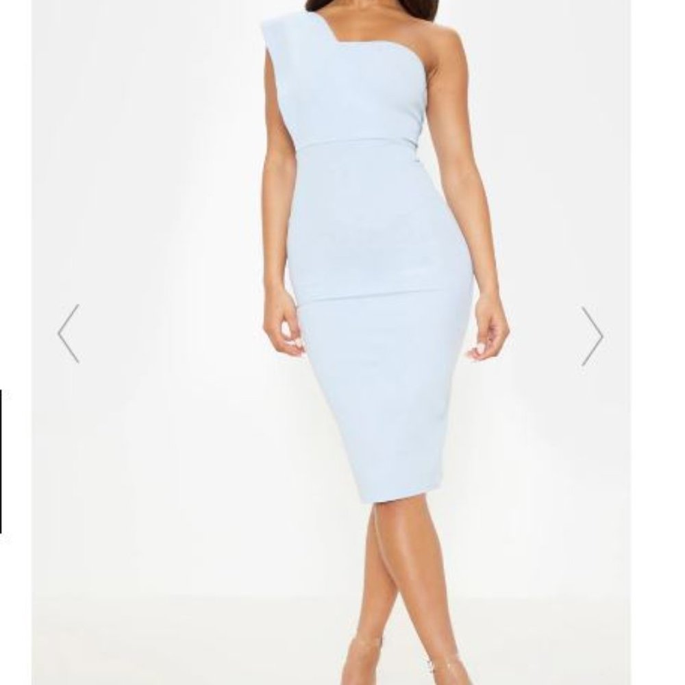 PLT Dusty Blue One Shoulder Drape Mini Dress